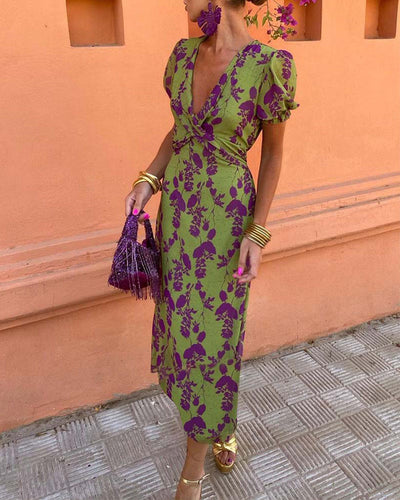 Women’s V-Neck Maxi Dress with Leaf Print