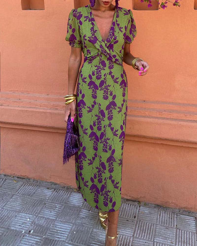 Women’s V-Neck Maxi Dress with Leaf Print