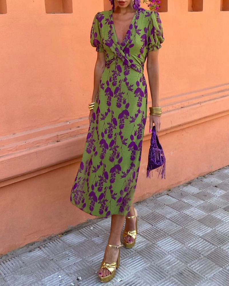 Women’s V-Neck Maxi Dress with Leaf Print