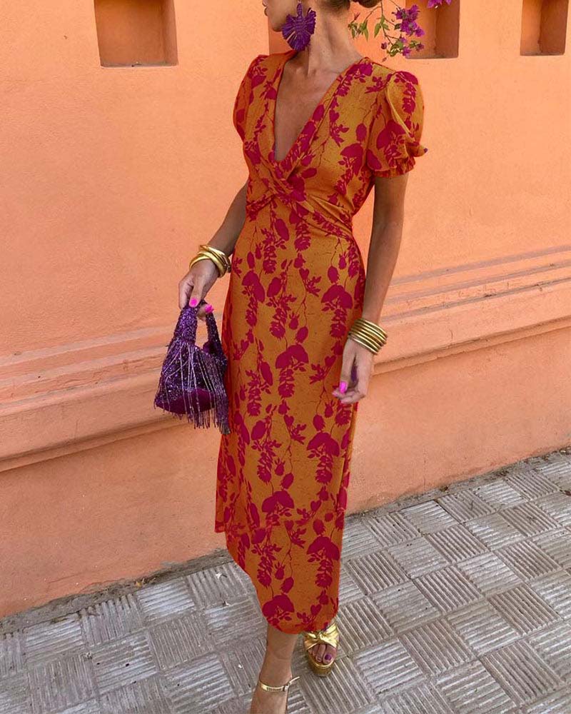 Women’s V-Neck Maxi Dress with Leaf Print