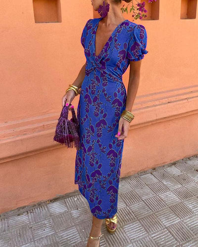 Women’s V-Neck Maxi Dress with Leaf Print