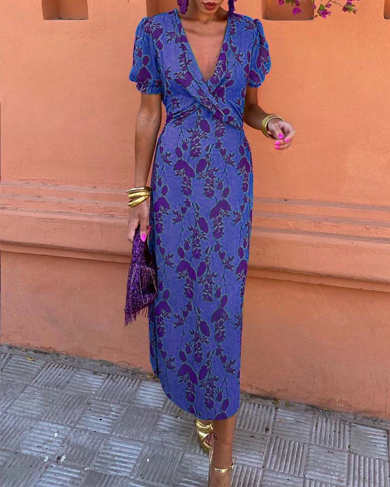 Women’s V-Neck Maxi Dress with Leaf Print