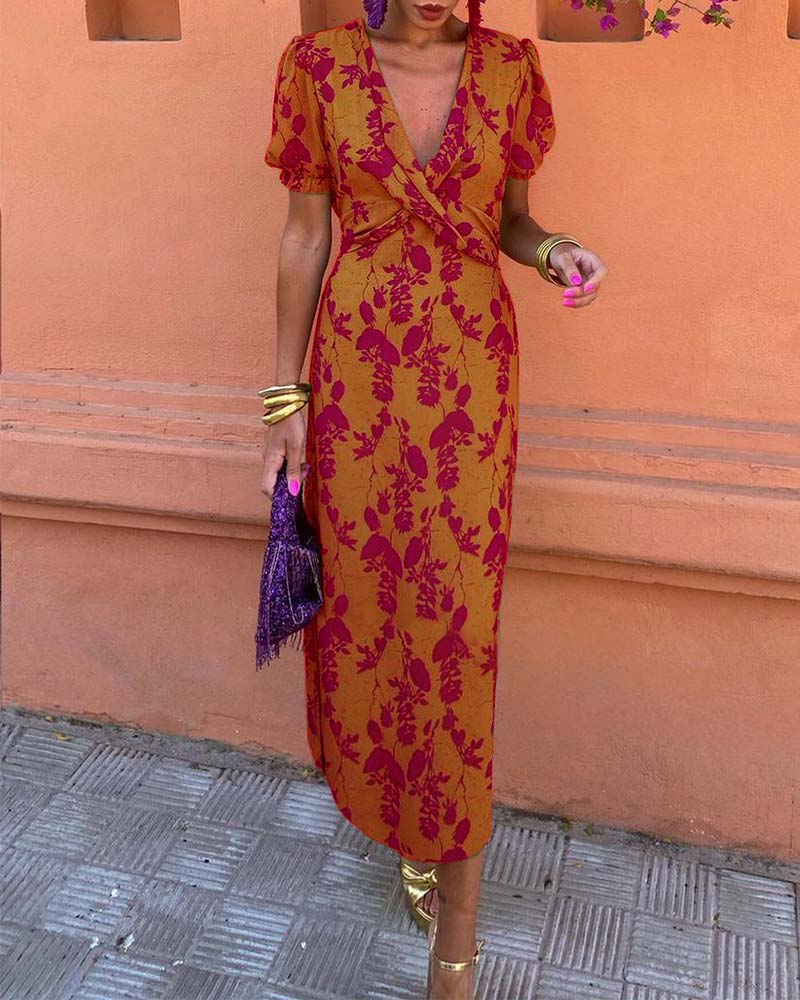 Women’s V-Neck Maxi Dress with Leaf Print