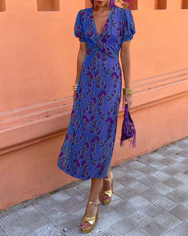 Women’s V-Neck Maxi Dress with Leaf Print